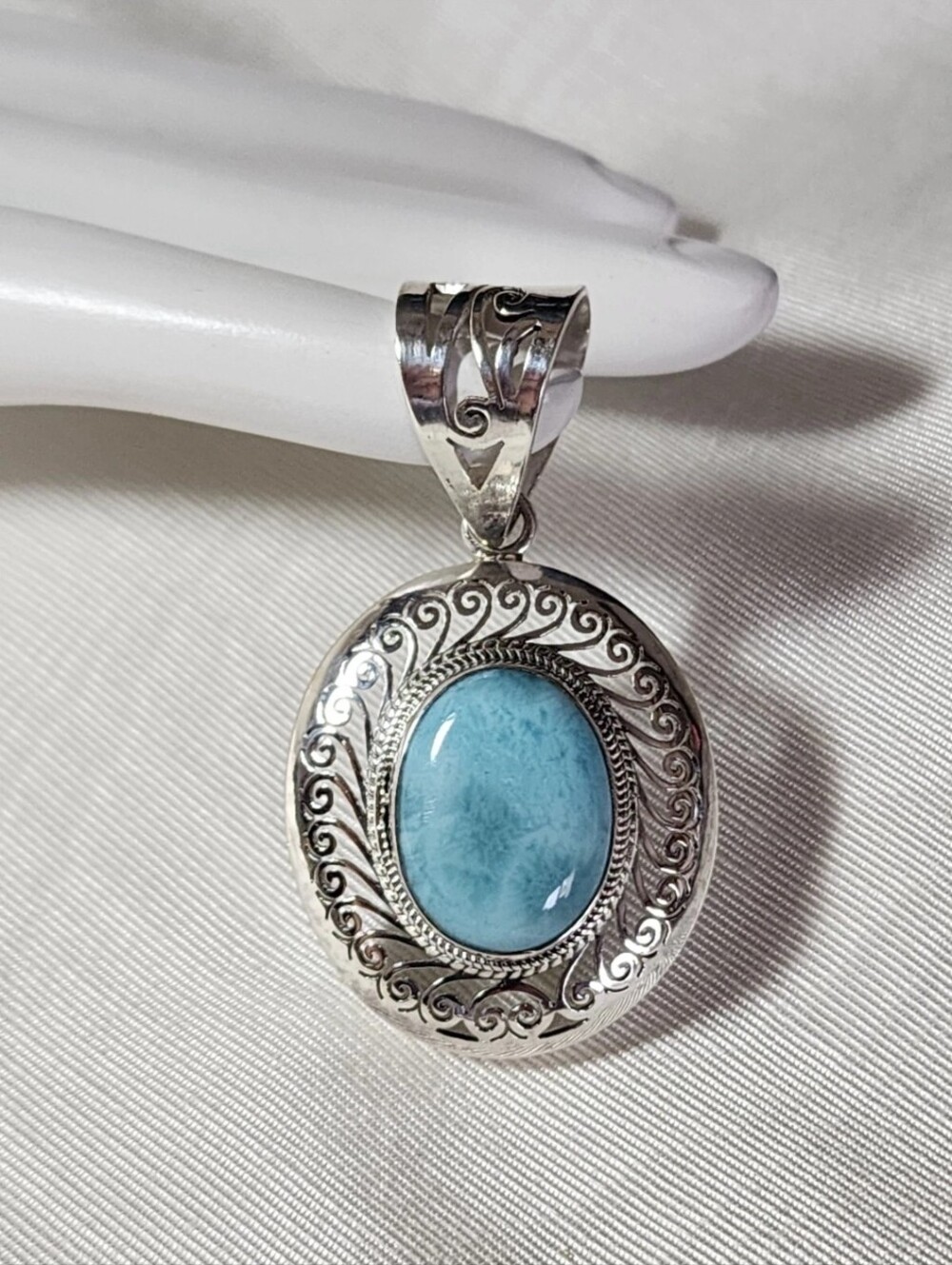 New 925 Sterling Silver Large Blue Larimar Oval Filigree Pendant 2 Inches